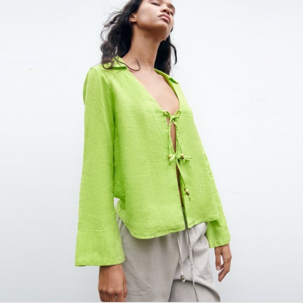 Zara Tie-Front Beaded 100% Linen Blouse In Lime Green. Size M